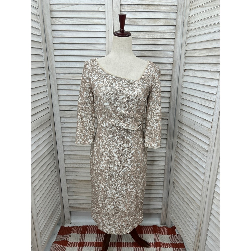 Alex Evenings Sheath Dress 8 Rose Gold Sequin Lace Cocktail Wedding Guest
